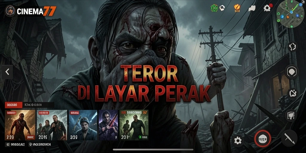 Screenshot menampilkan gameplay mencekam CINEMA77 dengan suasana menyeramkan.