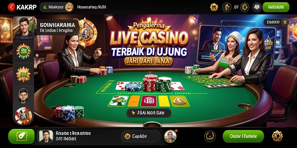 Screenshot gameplay KAKRP menampilkan dealer profesional dan suasana kasino yang hidup.
