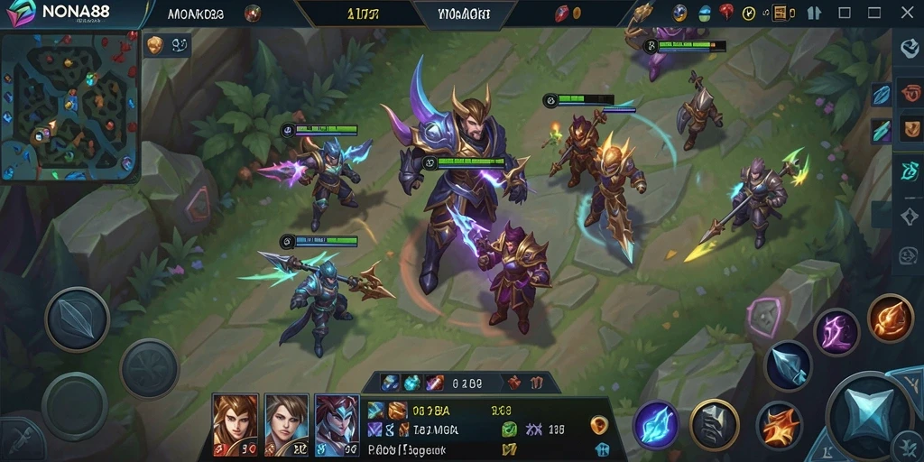 Tampilan gameplay NONA88 dengan karakter bertarung di arena MOBA.